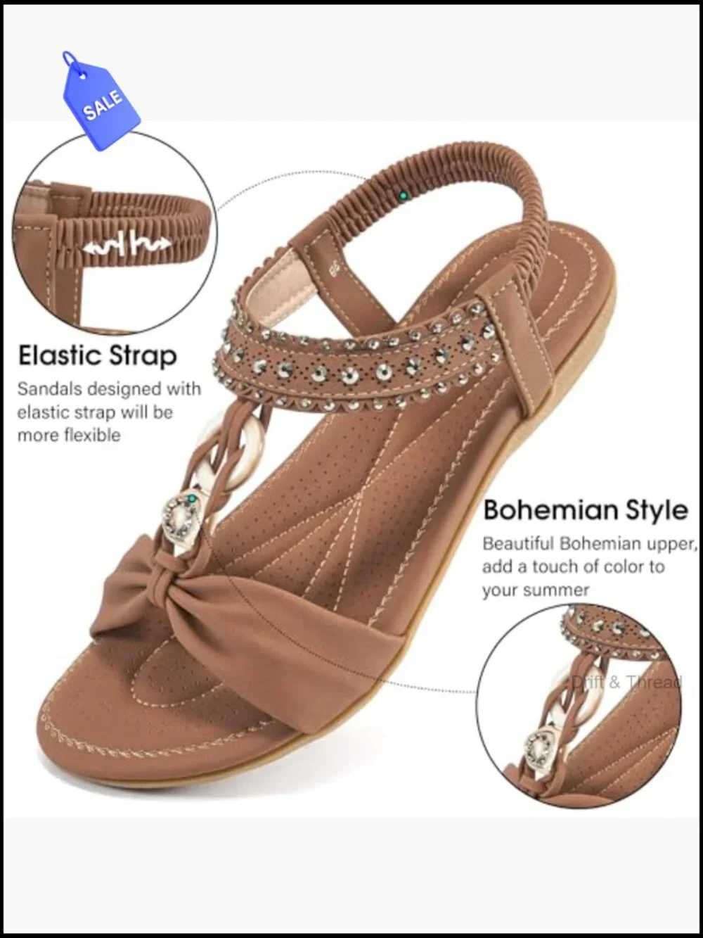 Bohemian Beaded Flat Sandals Elastic Ankle Strap Casual Slip On Comfortable